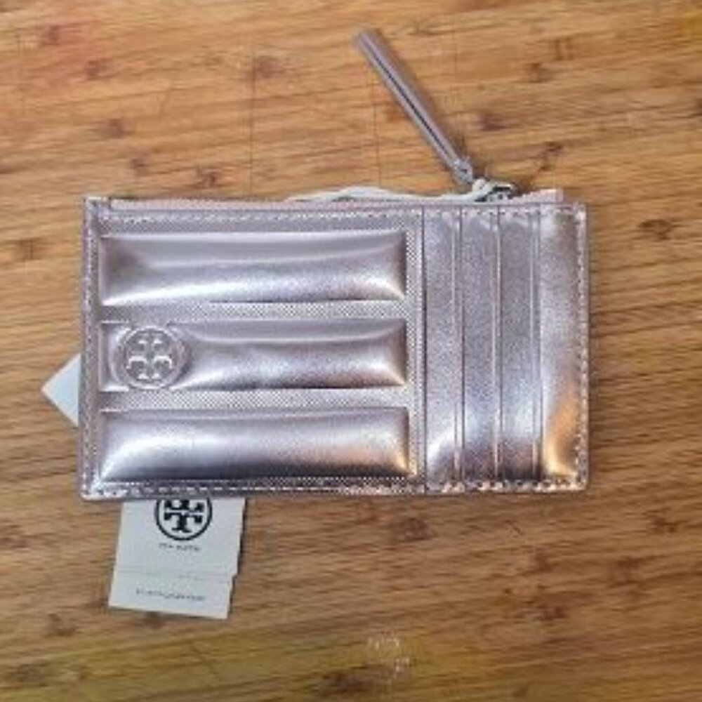 Tory Burch $198 Sparkle Pink Fleming Metallic Square Quilt Zip Card Case NWT! - Picture 4 of 5